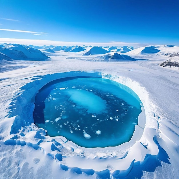 a blue lake with ice and mountains in the background