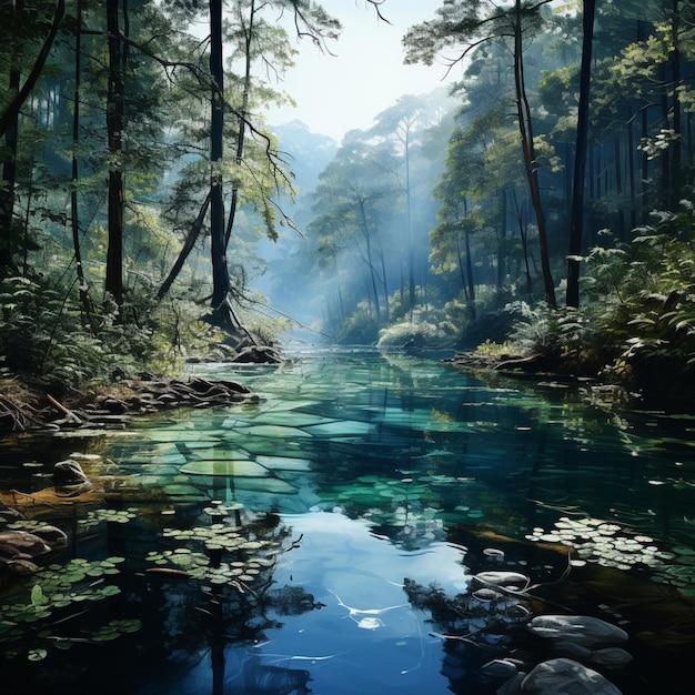 blue lake with trees and blue water in forest in ueda