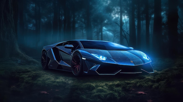 A blue lamborghini in a forest with the lights on.