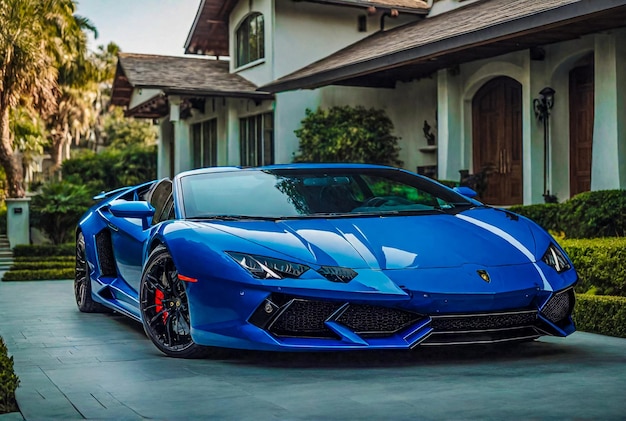 Blue Lamborghini in front of the house