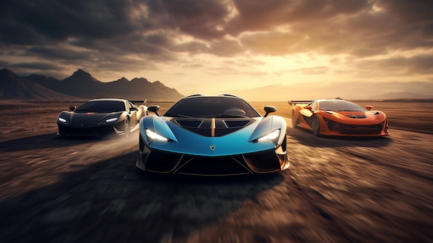 A blue lamborghini supercar race car drives past other cars on a track.