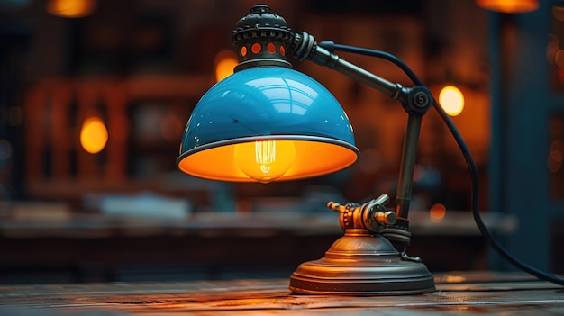 a blue lamp with a blue shade that is on a table