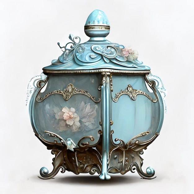 A blue lamp with a flower design on it