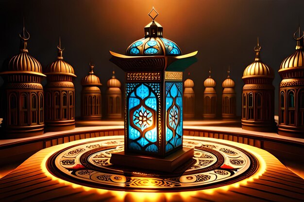 A blue lantern in the middle of a circle with the words ramadan