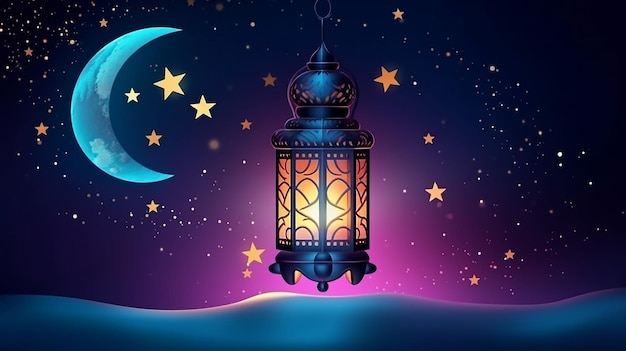 A blue lantern with the moon and stars on the background