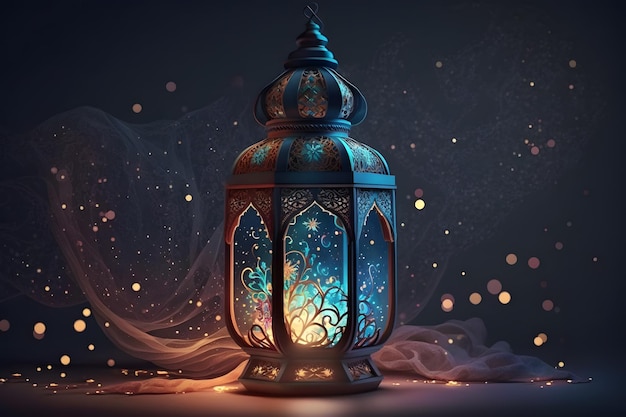 A blue lantern with the words ramadan on it