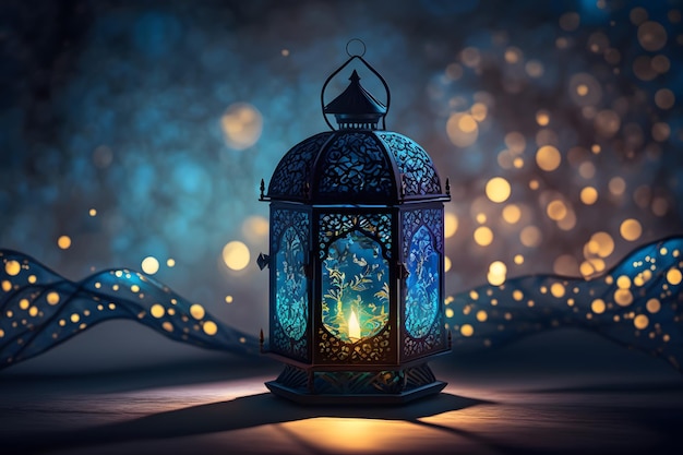 A blue lantern with the words ramadan in the middle