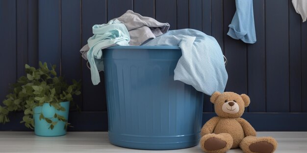 A blue laundry basket with a teddy bear next to it.