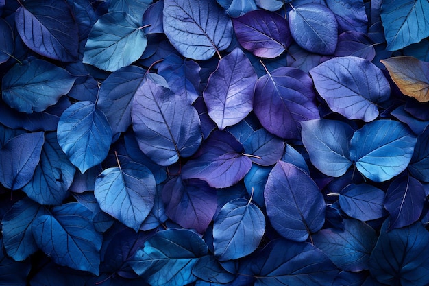 Blue leaves on the ground dark blue and purple tones top view high resolution high quality high