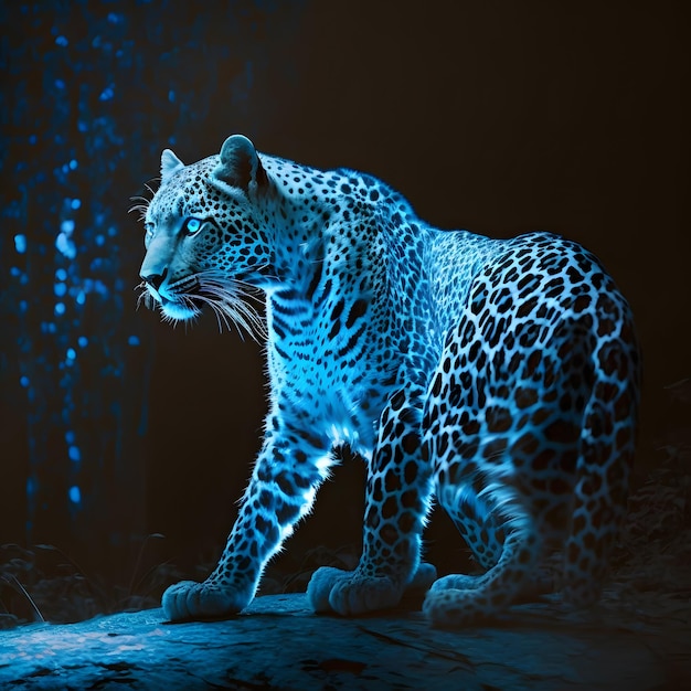 A blue leopard is lit up in a dark forest.