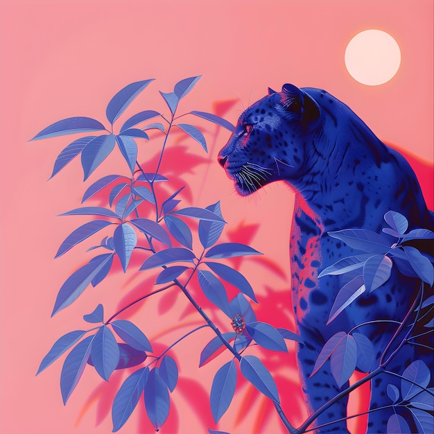 Photo a blue leopard is sitting in front of a pink background with the moon in the background