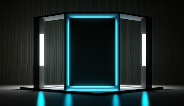 A blue light box with a white frame on the wall.