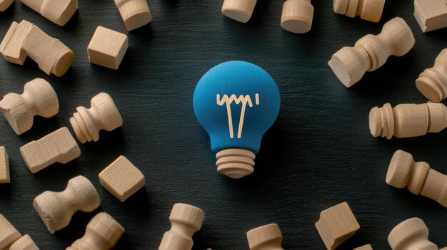 Photo a blue light bulb symbolizes artificial intelligence encircled by wooden cubes reflecting business innovation and digital marketing strategies