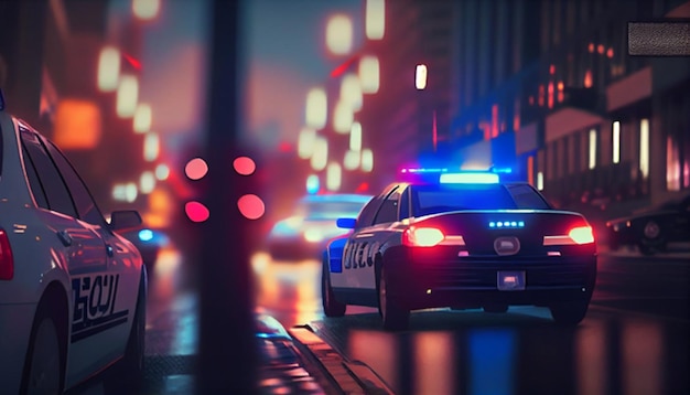 Blue light flasher atop of a police car City lights on the background