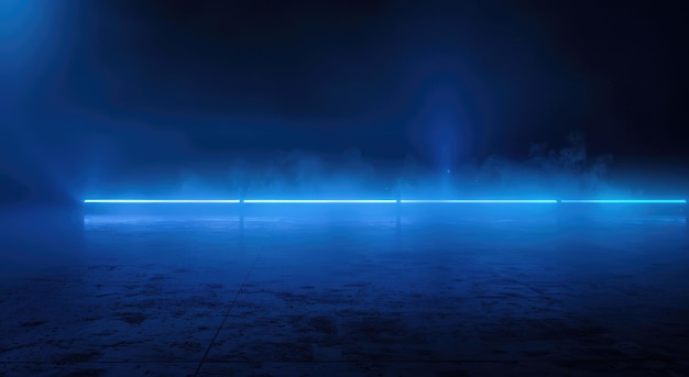 Photo blue light horizontal lights line up on the ground dark background foggy smoke