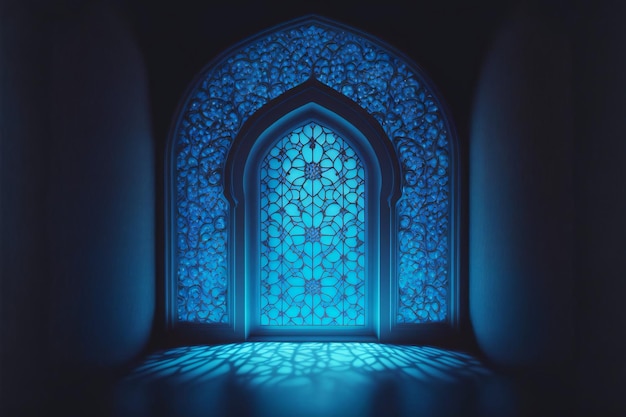 blue light shines through a window in a dark room