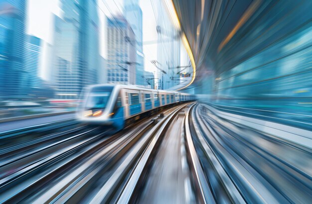 Photo a blue light streaks through tokyos tunnel blurring the fastmoving train against the cityscape