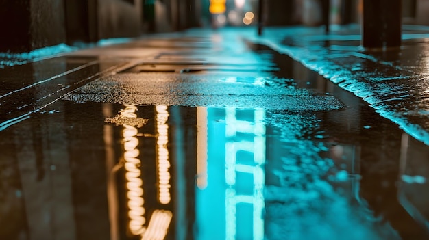 a blue light that is on a wet sidewalk