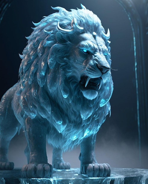 A blue lion with a blue mane