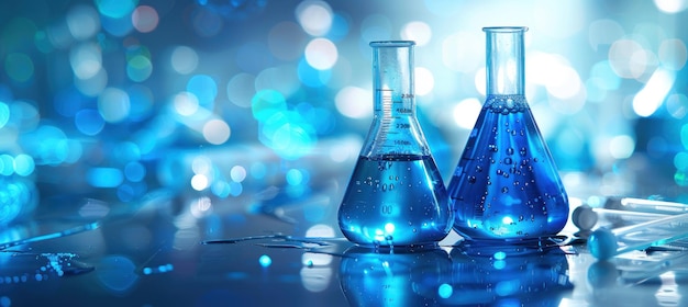 Blue Liquid in Erlenmeyer Flasks on a Reflective Surface