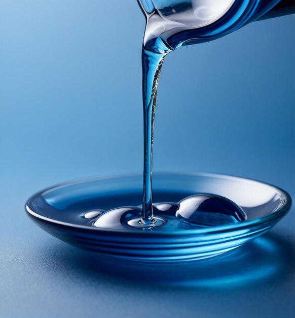 Photo a blue liquid is poured into a glass bowl