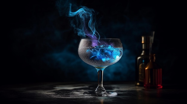 A blue liquid is poured into a martini glass with a bottle of smoke behind it.