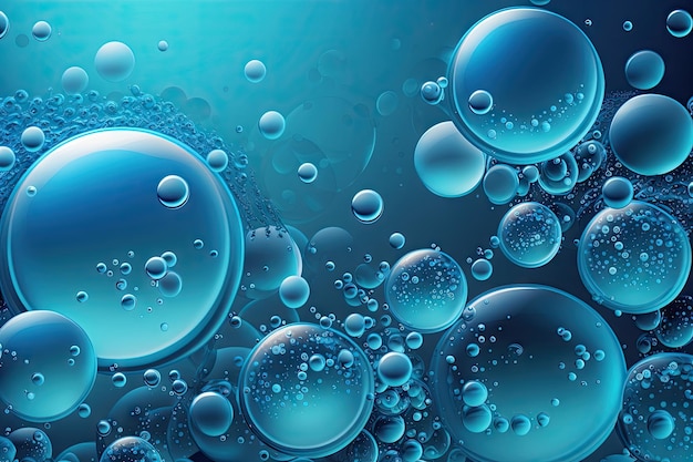 Blue liquid wave background with floating bubbles and glistening droplets created with generative ai