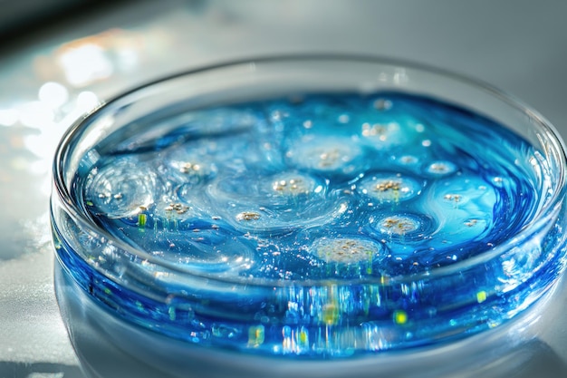 Blue Liquid with Golden Specks in a Glass Dish