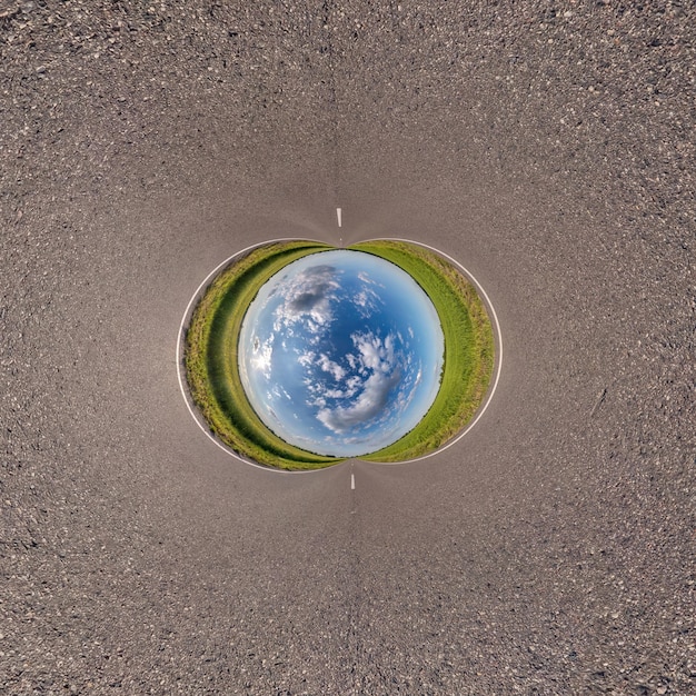 Blue little planet ball Inversion of tiny planet transformation of spherical panorama 360 degrees Spherical abstract aerial view Curvature of space