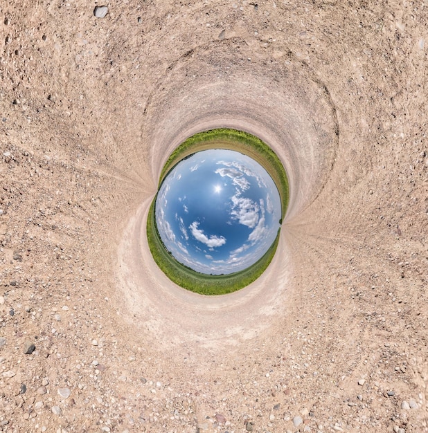 Blue little planet among white sand Inversion of tiny planet transformation of spherical panorama 360 degrees Spherical abstract aerial view Curvature of space