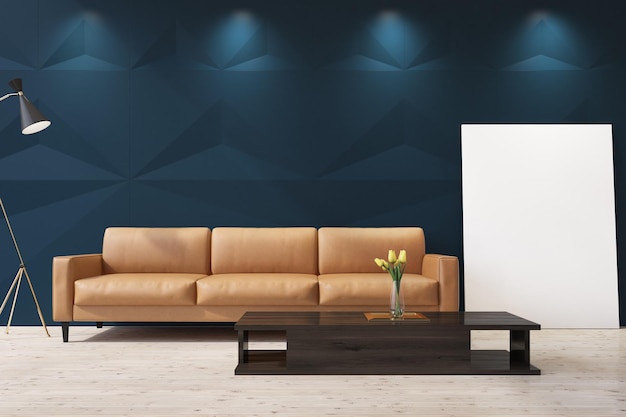 Blue living room interior with a vertical poster standing near a wall. There is a beige couch and a coffee table with a vase of flowers. 3d rendering mock up