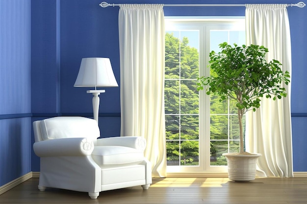 Blue living room with lamp and armchair