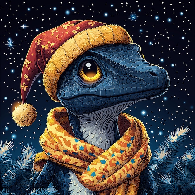 Blue Lizard Wearing a Winter Hat and Scarf Under a Starry Night Sky