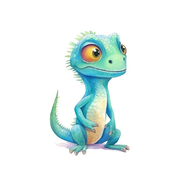 A blue lizard with a big eye sits on a white background.