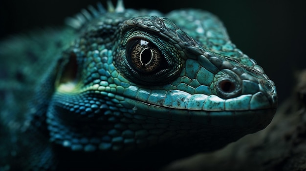 A blue lizard with a green head and a black background