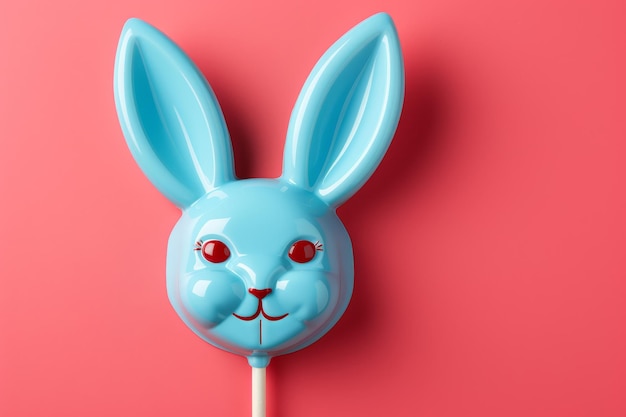 Blue lollipop shaped like a rabbit head with big ears on red easter bunny sweet