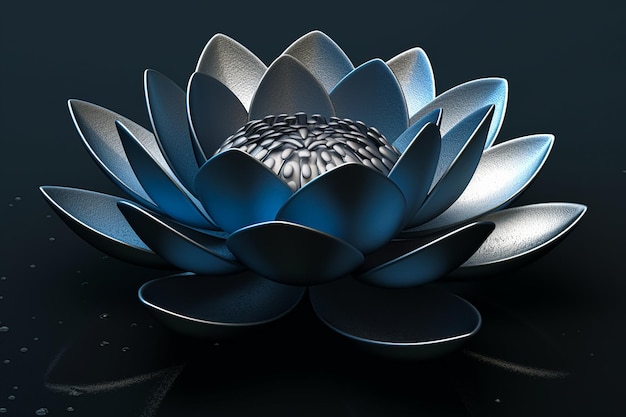 A blue lotus flower with a silver leaf on the base.