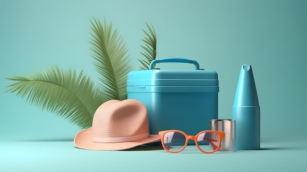 A blue lunch box, a hat, and glasses are on a table.