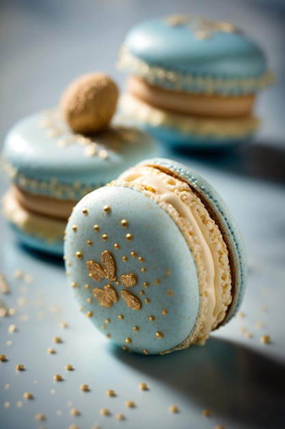 A blue macaroon with a butterfly on it