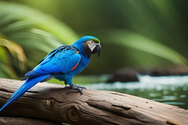 A blue macaw sits on a log in a tropical setting.