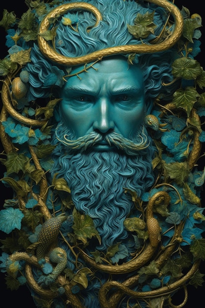 A blue man with a beard and vines