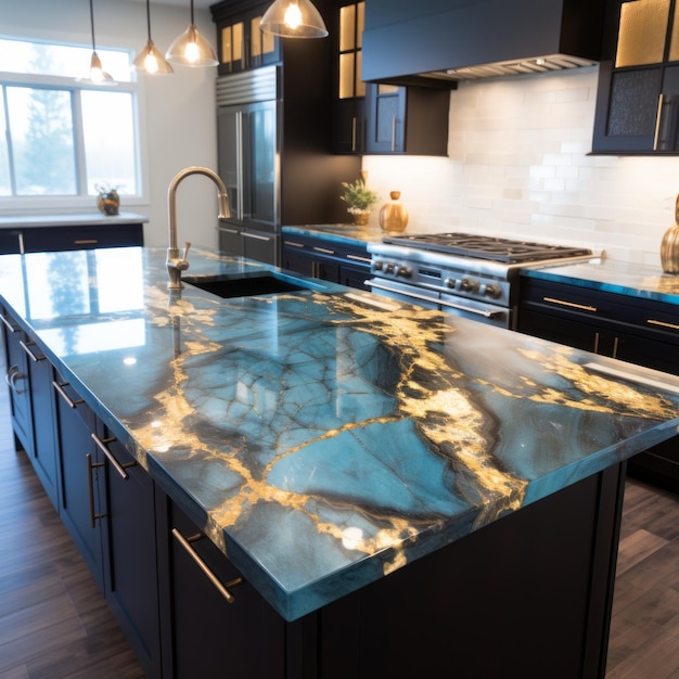 Blue Marble Kitchen With Dark Aquamarine And Gold Accents