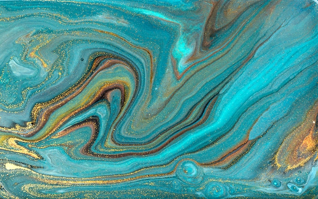 Blue marbling background. Golden marble liquid texture.