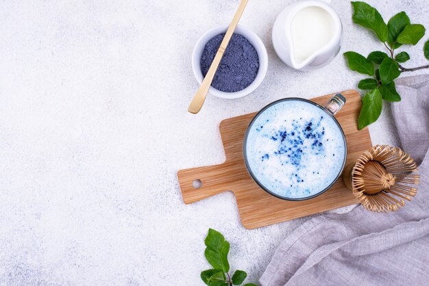 Blue matcha latte with milk