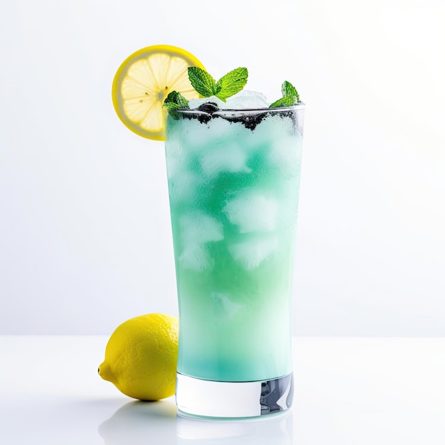 Blue matcha lemonade Composition of cocktail and lemon on a white background Generative AI