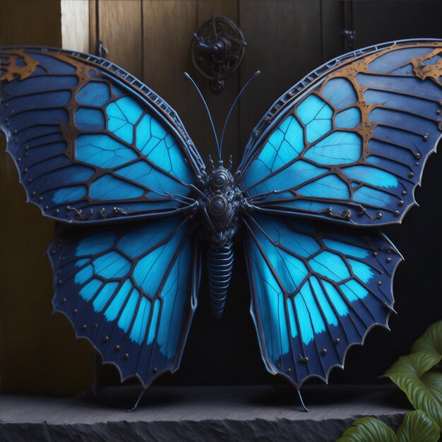 Blue mechanical butterfly perched on a door in the forest