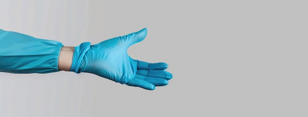 Photo blue medical glove extended on a neutral background