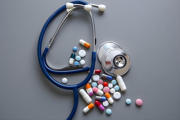 Photo a blue medical stethoscope with pills and a syringe