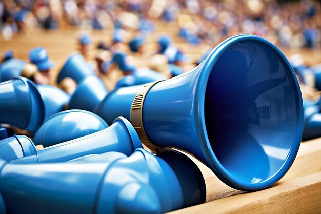 A blue megaphone that stands out in the crowd