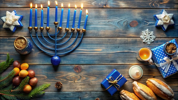 a blue menorah with a blue star on it is on a wooden table